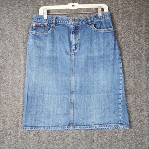 Chaps Denim Midi Skirt Women Size 12 Blue Medium Wash Cotton Blend Back Slit